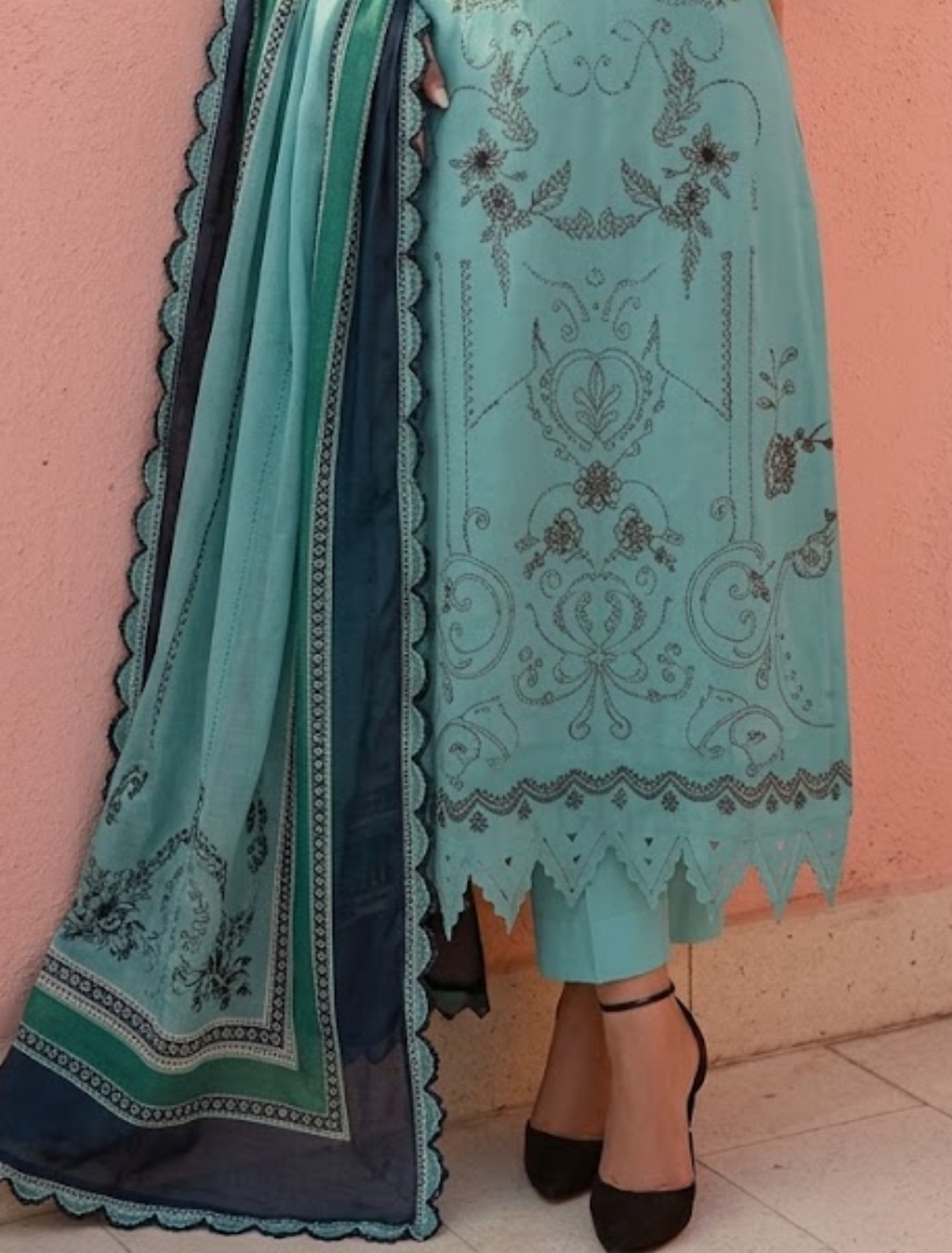 Beautiful Embroidered Viscose Ready Made 3-Piece Dress : Code : 1476