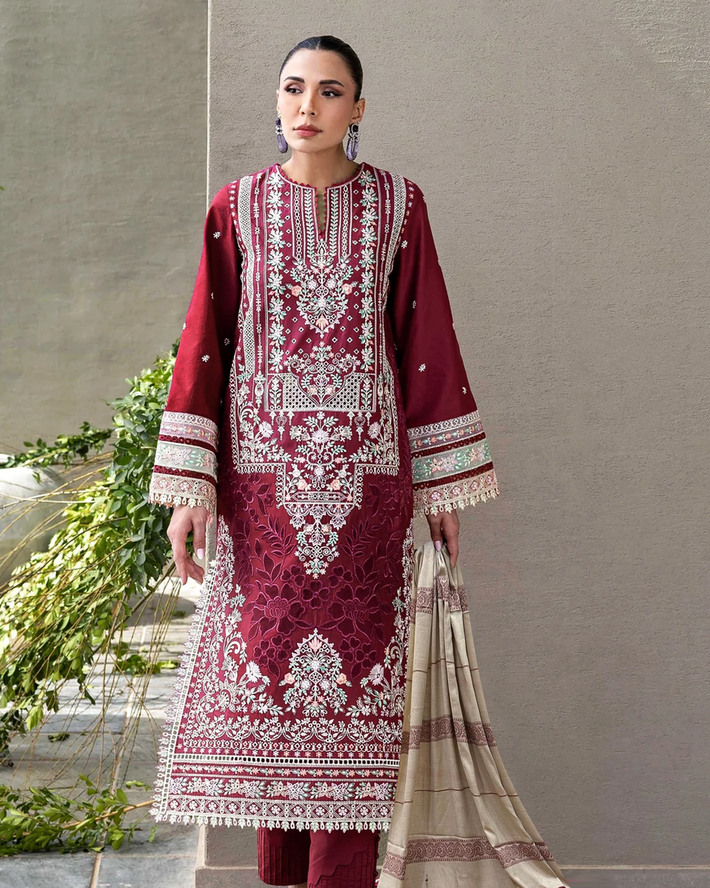 Dhanak Premium Embroidered 3-Piece With Shawl