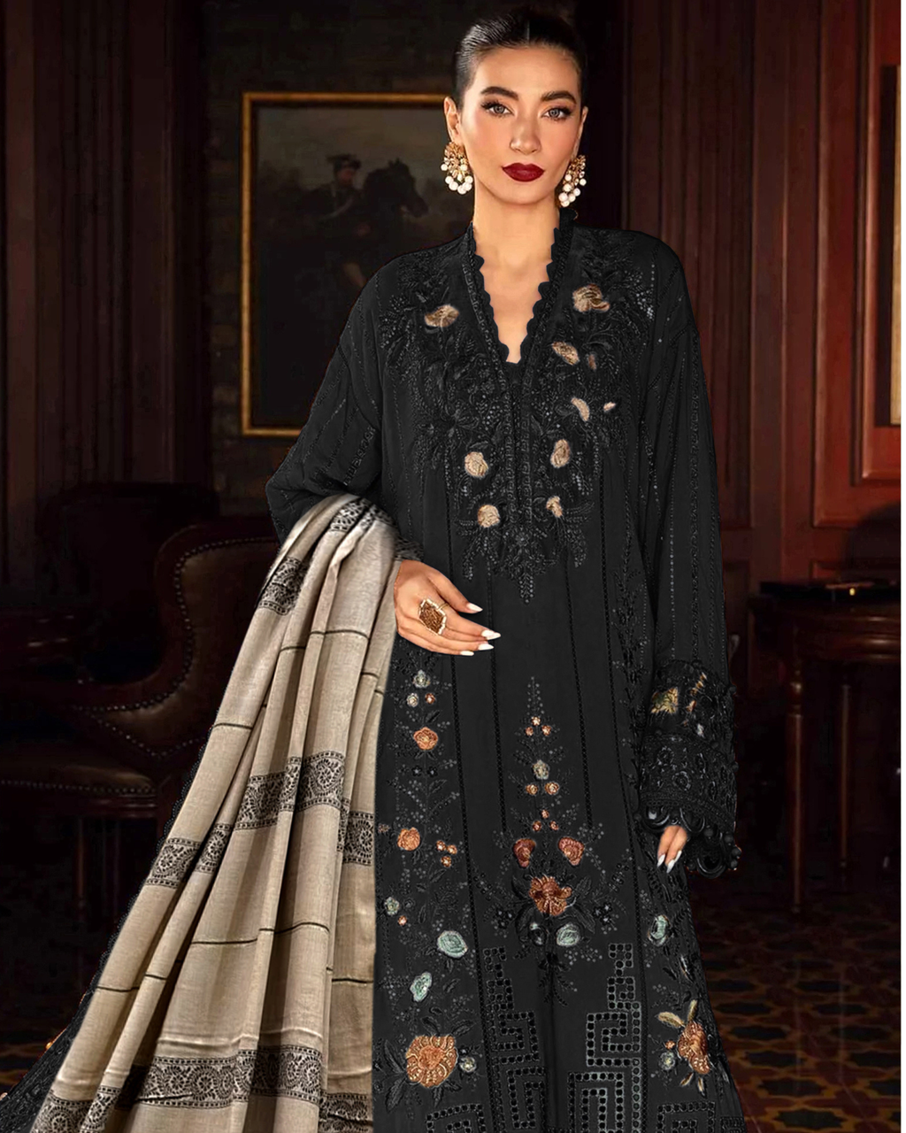 Dhanak Premium Embroidered 3-Piece With Shawl